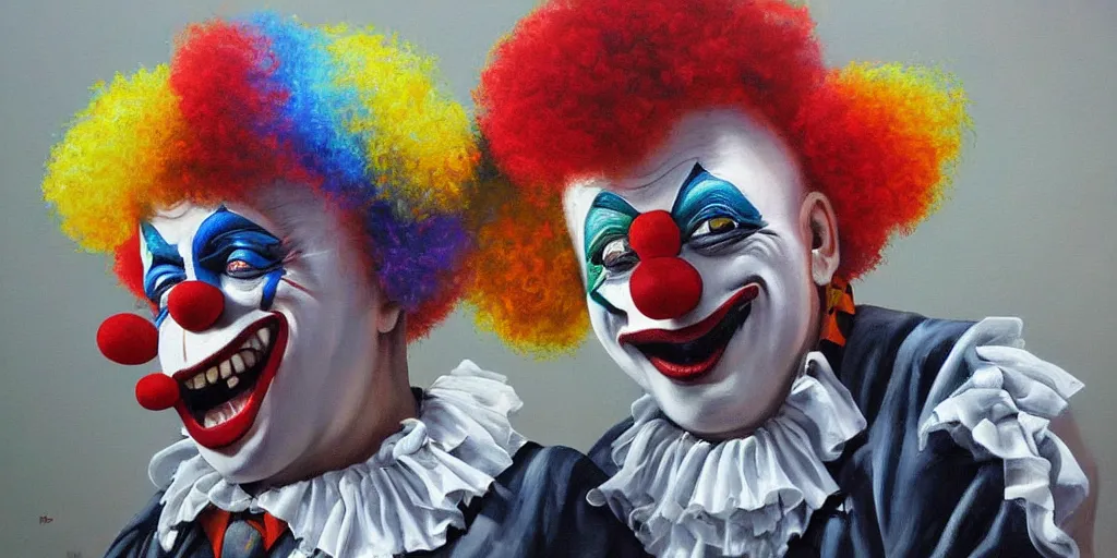 Image similar to a clown riding another clown high resolution amazing realistic painting