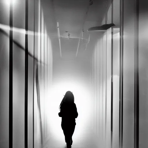 Prompt: woman holding a flashlight running through a closed ikea interior, cinematic lighting, furniture, store interior, night, minimalism, terrifying, landscape, fog, artstation