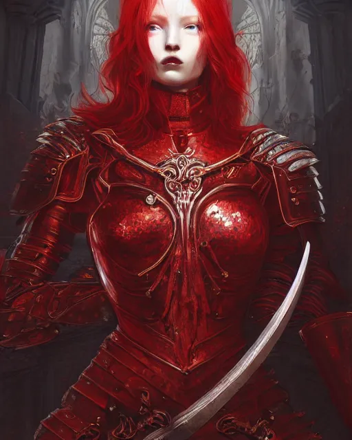 Prompt: redhead queen knight in red armor, inside an epic gothic castle, baroque, large crown, holding sword, face with scars, intimidating, ominous, high fantasy, intricate detail, digital painting, artstation, concept art, smooth, sharp focus, illustration, art by yoshitaka amano and monia merlo and wlop