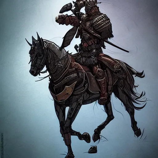 Prompt: cell shaded cartoon, a portrait of a warrior on a horse wearing ridiculously large black armor, illustration, wide shot, subtle colors, concept art by josan gonzales and wlop, laurie greasley, jordan grimmer and james jean, highly detailed, sharp focus, trending on artstation, hq, deviantart, art by artgem