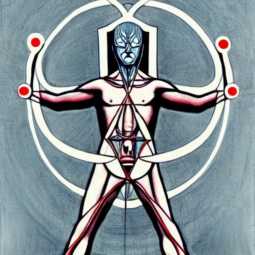 Prompt: ultraman vitruvian man by james jean and salvador dali