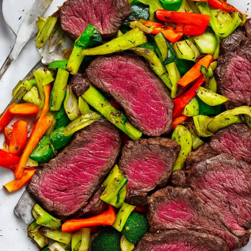 Image similar to a plate of perfectly cooked wagyu steak and vegetables