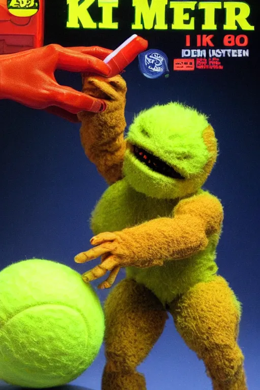 Image similar to 8 k high definition, 1 9 8 0 tennis ball monster kenner style action figure, full body, highly detailed, science fiction, photorealistic