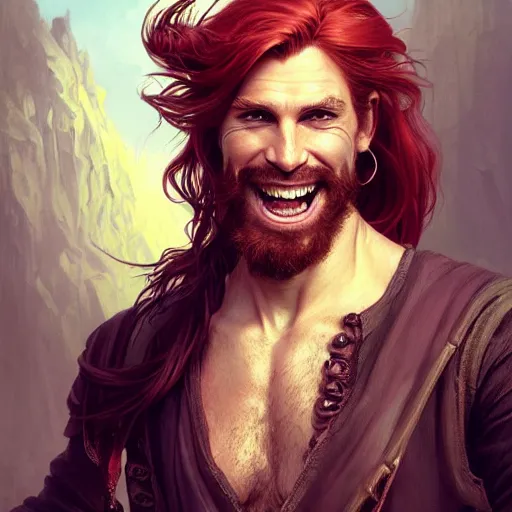 Prompt: portrait of a young ruggedly handsome but joyful pirate, male, masculine, upper body, crimson hair, long long flowing hair, fantasy, smug smirk, intricate, elegant, highly detailed, digital painting, artstation, concept art, matte, sharp focus, illustration, art by artgerm and greg rutkowski and alphonse mucha