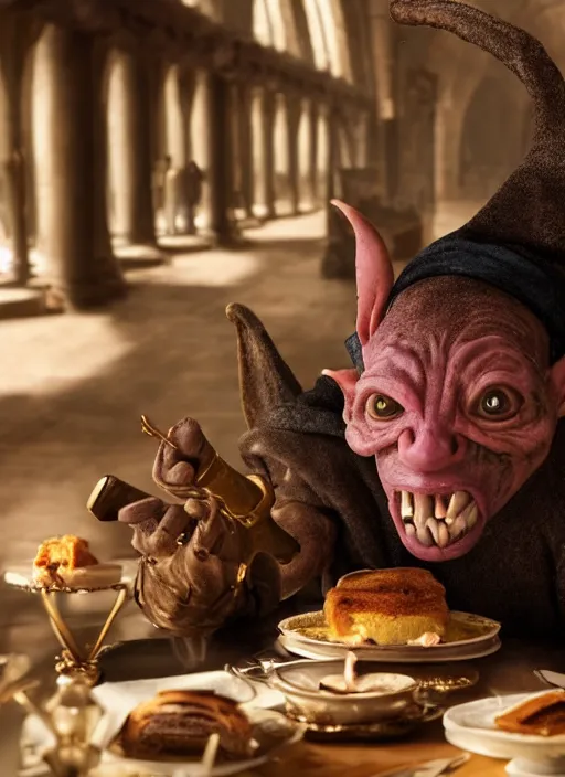 Image similar to closeup portrait of a medieval goblin eating cakes, depth of field, zeiss lens, detailed, symmetrical, centered, fashion photoshoot, by annie leibovitz and steve mccurry, david lazar, jimmy nelsson, breathtaking, 8 k resolution, extremely detailed, beautiful, establishing shot, artistic, hyperrealistic, beautiful face, octane render