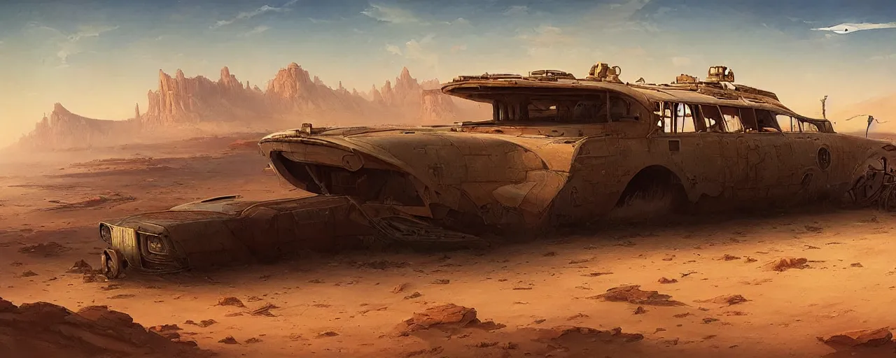 Prompt: a scenic view of an abandoned american cruiser at desert, high details, by james gurney and peter mohrbacher, trending on arstation