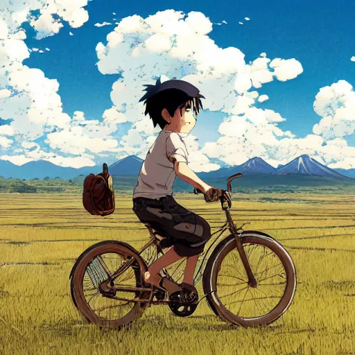 Image similar to a boy riding his bike through the plains of rural japan, high intricate details, rule of thirds, golden ratio, cinematic light, anime style, graphic novel by fiona staples and dustin nguyen, by beaststars and orange, peter elson, alan bean, studio ghibli, makoto shinkai