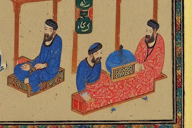 Prompt: men sitting down, arabic miniature painting, highly detailed