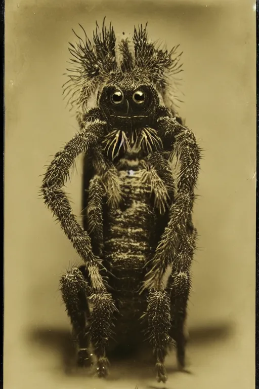 Prompt: a wet plate photo of an anthropomorphic tarantula king, wearing a crown