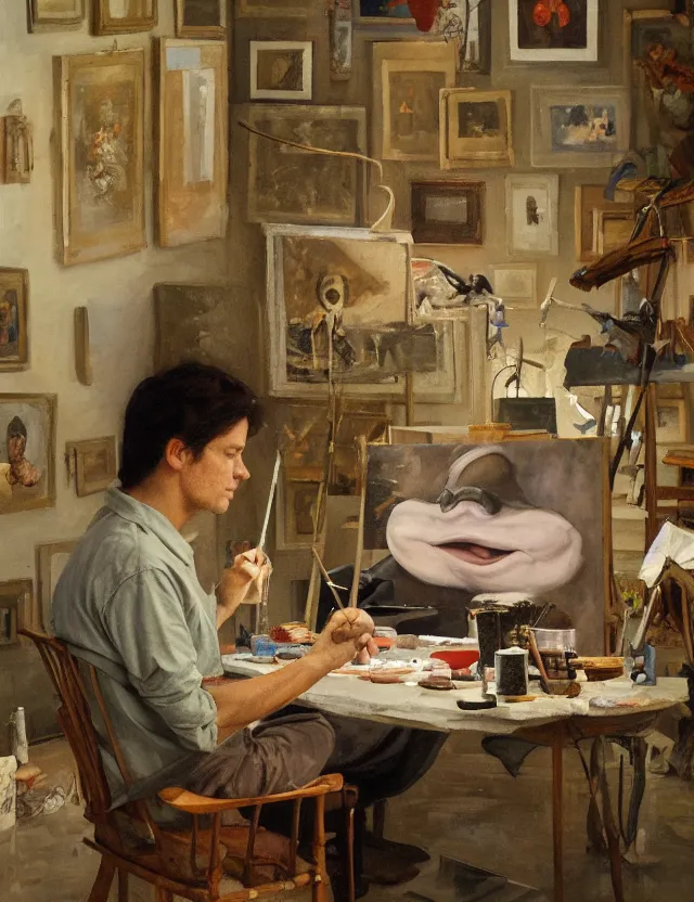 Prompt: the a painter in his studio painting a picture of pepe the frog - key lighting, soft lights, foggy, by steve hanks, by lisa yuskavage, by serov valentin, by tarkovsky, 8 k render, detailed, oil on canvas