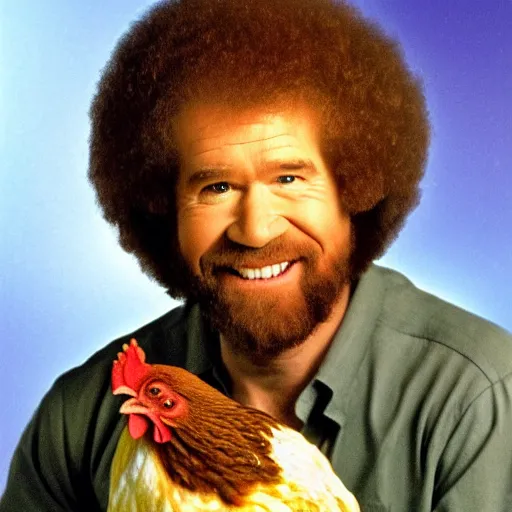 Image similar to bob ross holding a chicken, portrait,