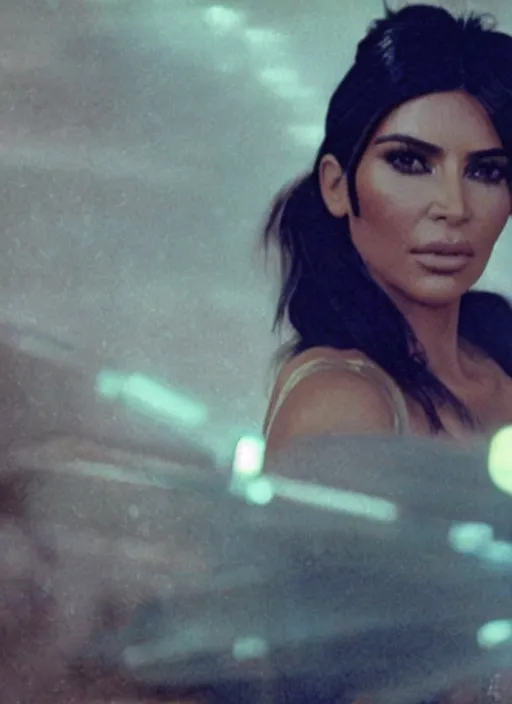 Prompt: a movie still of kim kardashian as rick deckard in blade runner