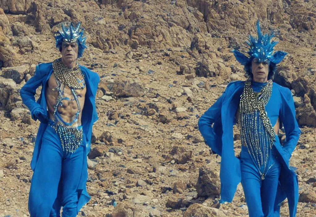 Prompt: mick jagger dressed in blue costume with many jewels in a dry rocky desert landscape, ultradetailed alien complex city and giant alien spaceshipby hans giger, film still from the movie by alejandro jodorowsky with cinematogrophy of christopher doyle and art direction by hans giger, anamorphic lens, kodakchrome, 8 k