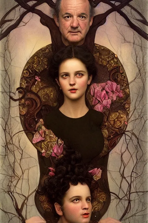 Image similar to young bill murray explaining the birds and the bees by Tom Bagshaw in the style of a modern Gaston Bussière, art nouveau, art deco, surrealism. Extremely lush detail. Melancholic scene. Perfect composition and lighting. Profoundly surreal. High-contrast lush surrealistic photorealism. mischievous expression on his face.