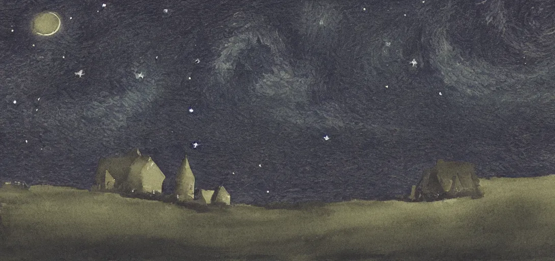 Prompt: watercolour a dark beautlful starry night in an english village, constellation by charles vess on black matte worn paper