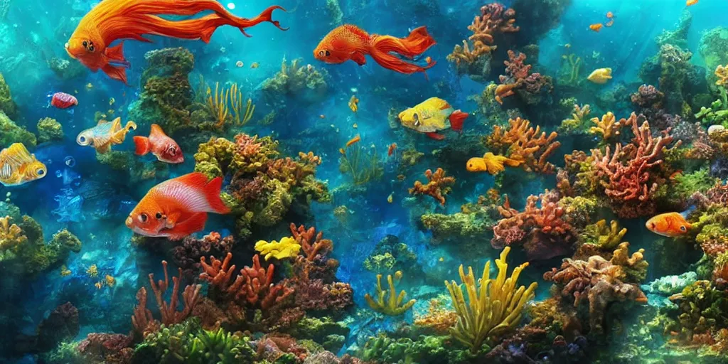 Image similar to beautiful underwater scene. an ancient ship sunk in the abyssvery shiny water. colorful fish. seahorse. goldfish. coral, water flowers. beautiful lighting, 4 k post - processing, highly detailed, 5 k extremely detailed, 3 d. sun is highlighting the bubbles. render in octane and cryengine. painterly detailed matte painting, by albert bierstadt