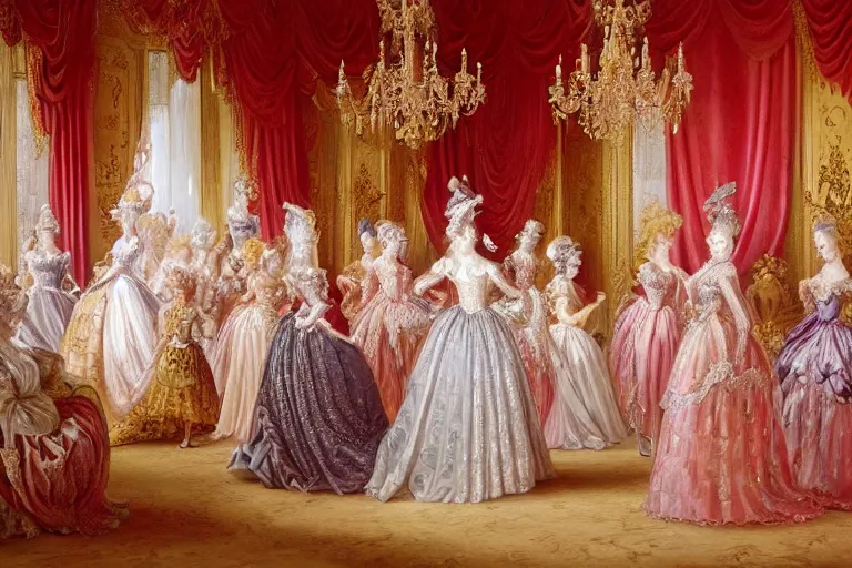 Prompt: in the versailles hall of mirrors, queen marie - antoinette dances in the foreground with her ladies - in - waiting at a masked ball. all high ladies are dressed in colourful, opulent robes embroidered with glittering sequins. the hall of mirrors features ornate crystal chandeliers with glowing candles and golden ornaments. photorealism red velvet curtains on the windows with night lights outside