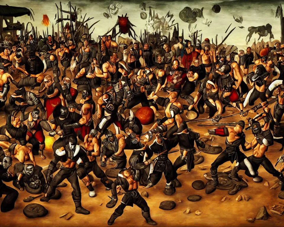 Image similar to mortal kombat characters art by hieronymus bosh, triumph of death by pieter brueghel