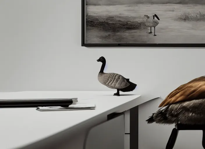 Prompt: a goose on top of a desk at an office, photorealistic