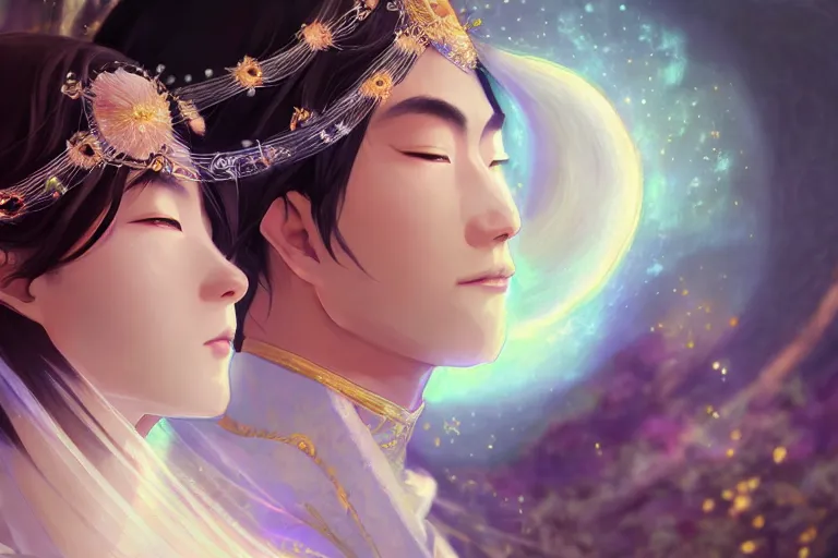 Image similar to a dreamlike portrait of wedding photograph close up moment of a divine a taiwan sun god and moon goddess lovers magician at a wedding banquet. portraiture. digital painting. artstation. concept art. fantasy wedding photo. digital painting, 8 k realistic, hyper detailed, by makoto shinkai and akihiko yoshida and hidari and wlop