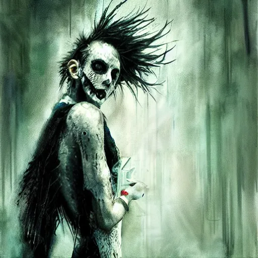 Image similar to emaciated ( the cure fan ) as dream from sandman, dim stars as eyes, by jeremy mann, by cedric peyravernay, by by russ mills, by richard avedon and ben templesmith, dramatic lightning, sadness, dark eye sockets, in the green shadows, punk rock, gothic, high detailed, 8 k