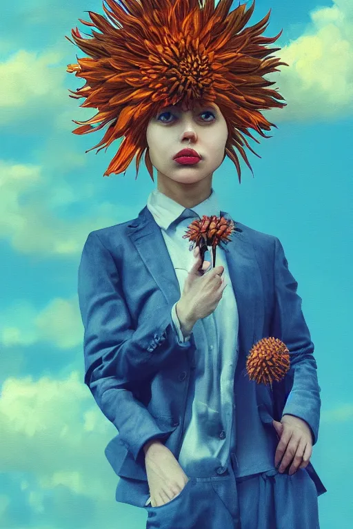 Prompt: closeup giant dahlia flower head, girl in a suit, in a city, surreal photography, blue sky, sunrise, dramatic light, impressionist painting, digital painting, artstation, simon stalenhag