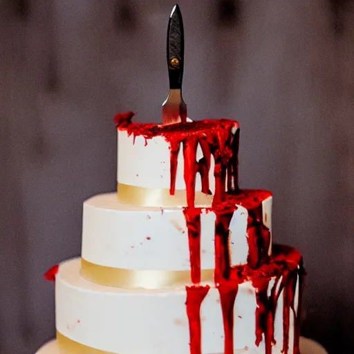 Image similar to wedding cake knife slice with blood dripping from the slice in a surrealistic style