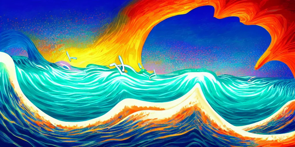 Image similar to A beach shaped like a singing mouth, the waves are made is musical notes, one wave is shaped like the mouths tongue, Very colorful painting 8k trending on art station, Intricate details, very realistic, cinematic lighting, volumetric lighting,