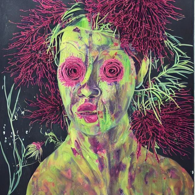 Image similar to “ a portrait in a female art student ’ s apartment, australian wildflowers, sensual, queer woman, flax, flannel flower, bottlebrush, eucalyptus, charred, new leaves, art supplies, a candle dripping white wax, aboriginal art, berry juice drips, acrylic and spray paint and oilstick on canvas, surrealism, neoexpressionism ”