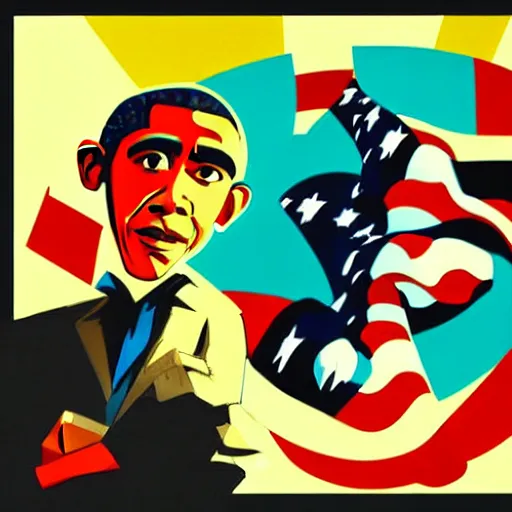 Image similar to Obama, graphic illustration by Jamie Hewlett, bold colors