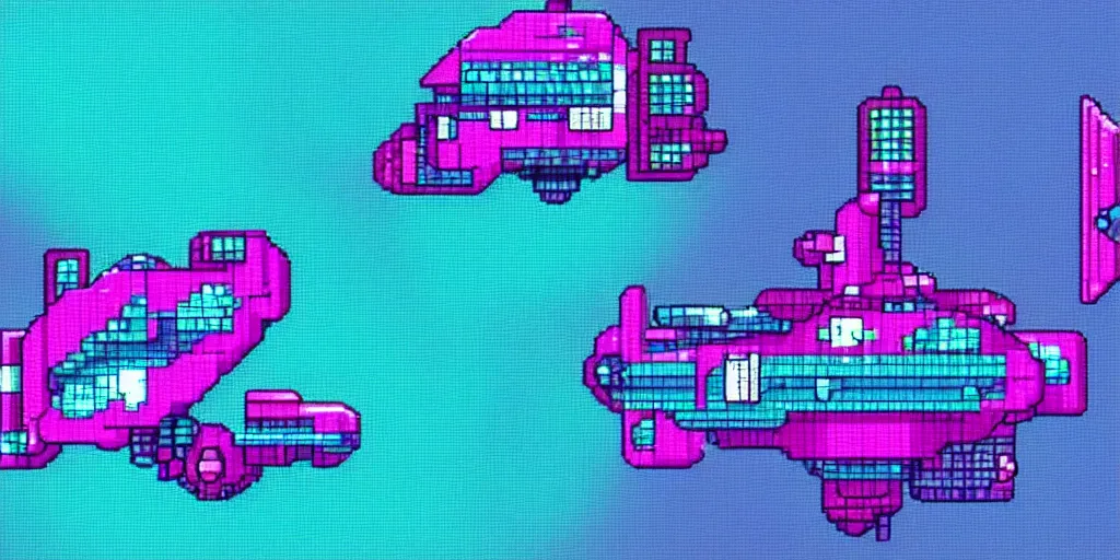 Image similar to cyan blue and pink spaceship in a galaxy, pixelart style