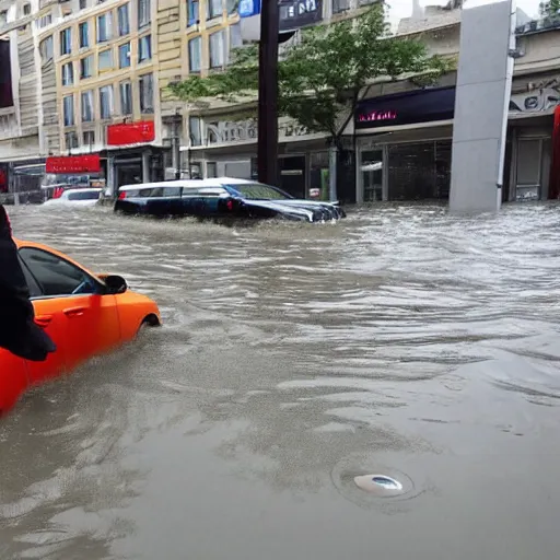 Image similar to city is flooded by heavy rain. A guy is sitting on the top of the A car is middle of the street flooded.