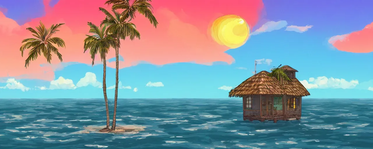 Image similar to small house on a tiny island in the middle of the ocean, (((colorful clouds))), sunset, palm trees, ghibli style