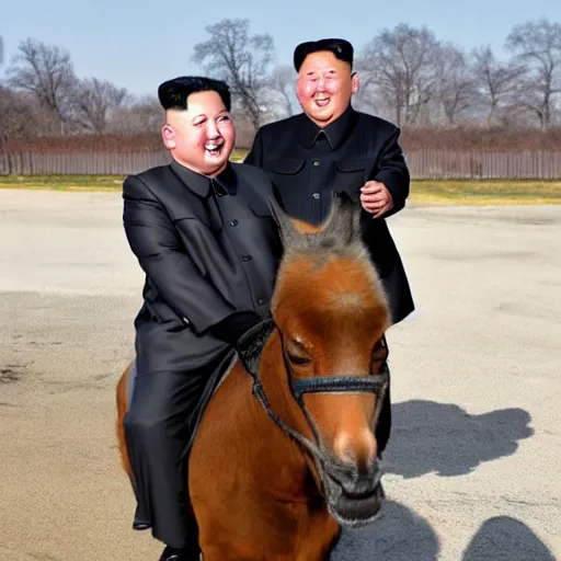 Prompt: kim jong un is riding a donkey