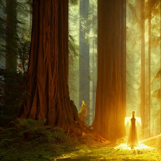 Image similar to angel in a redwood forest, sunlit, octane render, matte, greg rutkowski, highly detailed, hdr