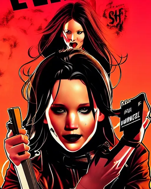 Image similar to Rafael Albuquerque comic cover art, Jennifer Lawrence with sharp vampire teeth, sarcastic smile, brown leather jacket, jeans, extra long hair, full body, building on fire, cool colors, detailed, 4k