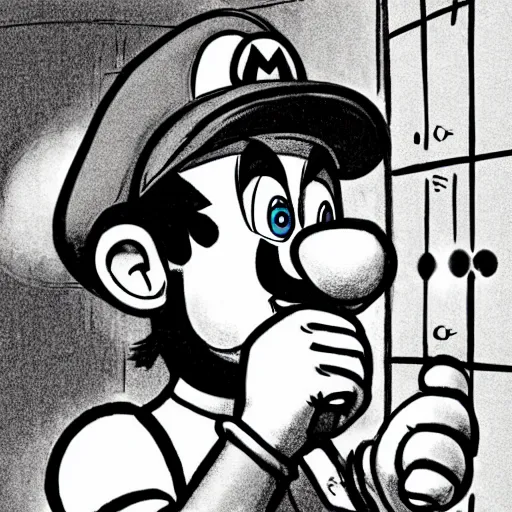 Prompt: super mario crying into his hands in the corner of his bedroom