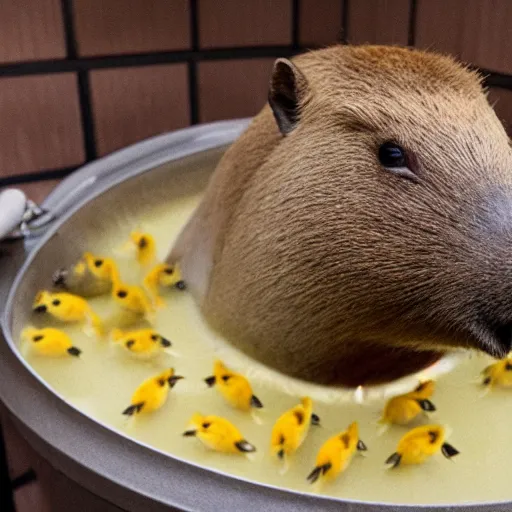 Prompt: photo of a capybara in a bathtub, with ducklings on it's head