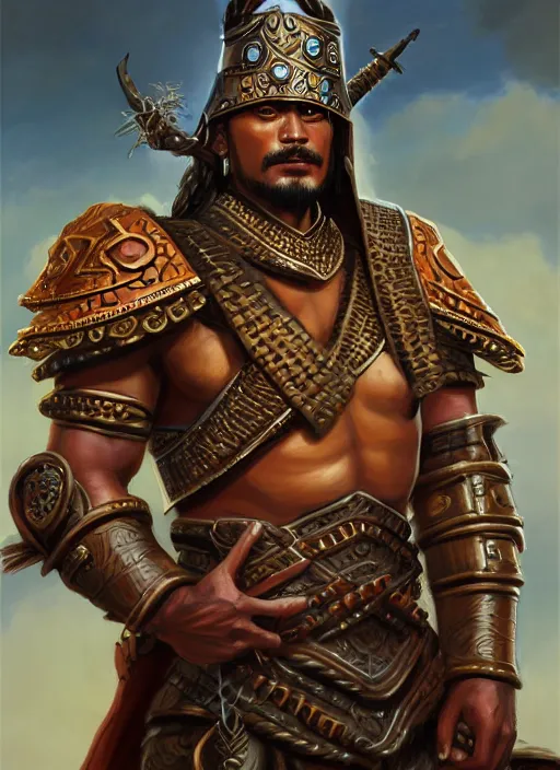 Prompt: smart tai warlord, closeup portrait, historical hero, ethnic group, tai costume, bronze headdress, intricate, with leather armor cross on bare chest, elegant, loin cloth, highly detailed, oil painting, artstation, concept art, matte, sharp focus, illustration, hearthstone, art by earl norem