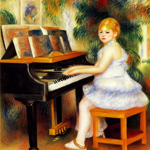 Image similar to girl with curly blonde hair sits at a piano in a music room, white pitbull lays on the floor, painting by renoir