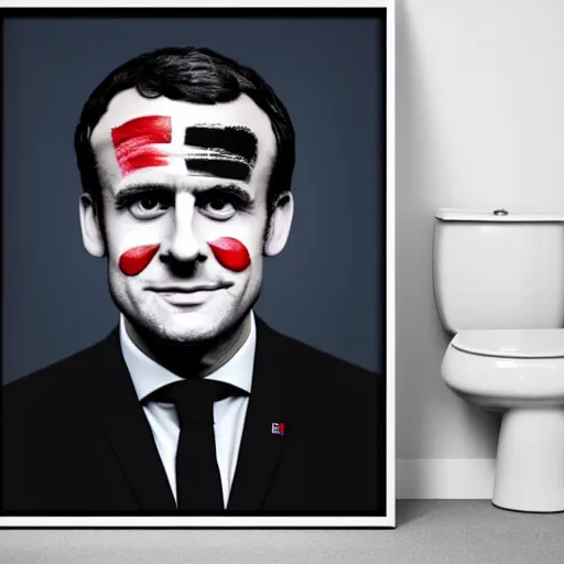 Image similar to toilet with Emmanuel Macron face printed on it, white borders, 50mm photography, high quality, 4K