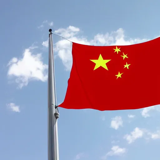 Image similar to a flag that is the combination of the Chinese and Saudi Arabian flags, flapping in the wind above a building
