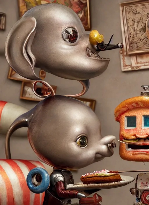 Image similar to highly detailed closeup, face profile portrait of a tin toy albert fish eating cakes, unreal engine, nicoletta ceccoli, mark ryden, earl norem, lostfish, global illumination, detailed and intricate environment