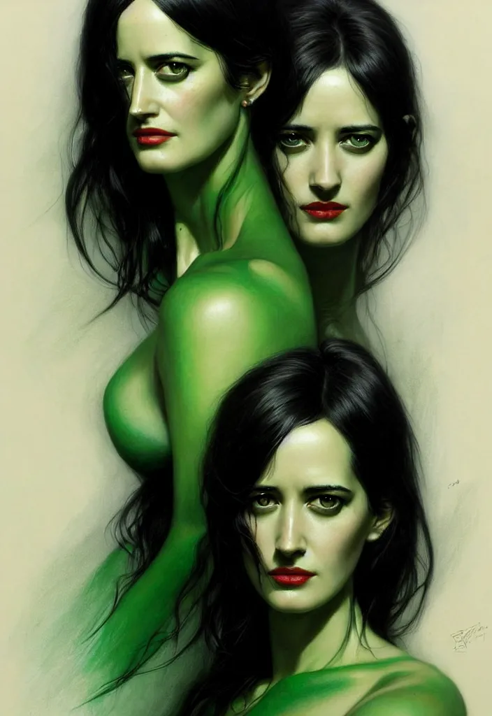 Image similar to portrait of eva green, black hair, green eyes, elegant, real life skin, intricate artwork, high detailed, artstation, concept art, smooth, sharp focus, art by artgerm and greg rutkowski @ ruprechy