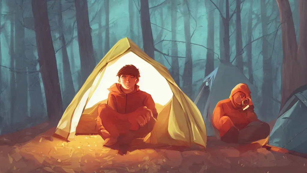 Prompt: an illustration of a sick teenage kid sitting in the door of his tent while camping, with his hands in his hair, fisheye lens, high contrast, highly detailed, sharp focus, digital painting, 3 d art, illustration, trending on artstation,