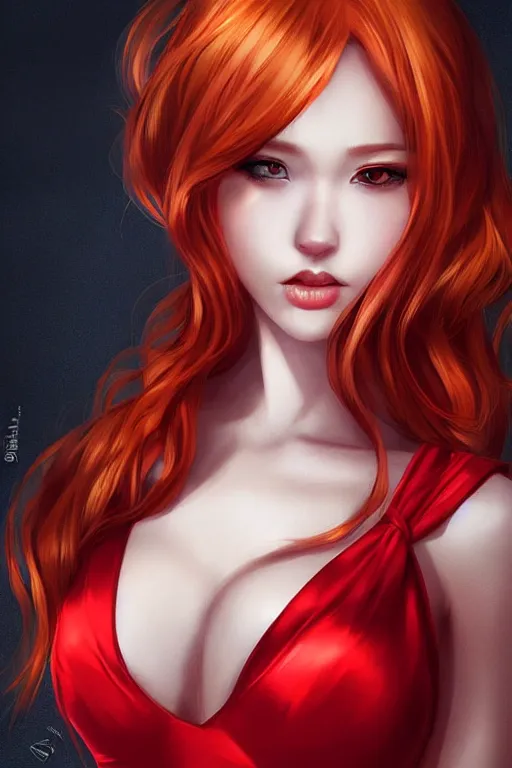 Prompt: Beautiful ginger portrait, short red satin dress by Artgerm and WLOP, Pixiv