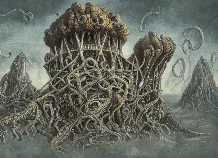 Image similar to lovecraftian structures in the sky by bosch, highly detailed digital painting