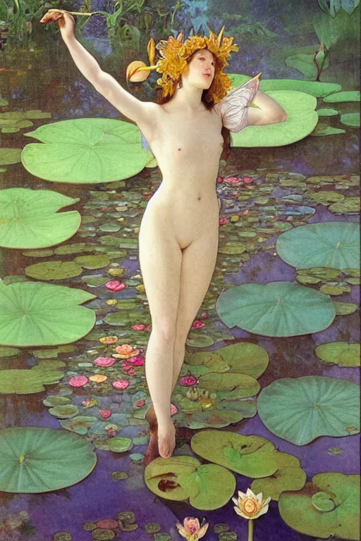 Image similar to a beautiful dressed faerie in a waterlily pond, detailed, rainbowshift, by maxfield parrish, alphonse mucha, brian froud