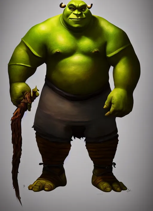 Prompt: dramatic oil painting of full body shrek as thrall from world of warcraft, artstation, shrek, epic, dramatic,