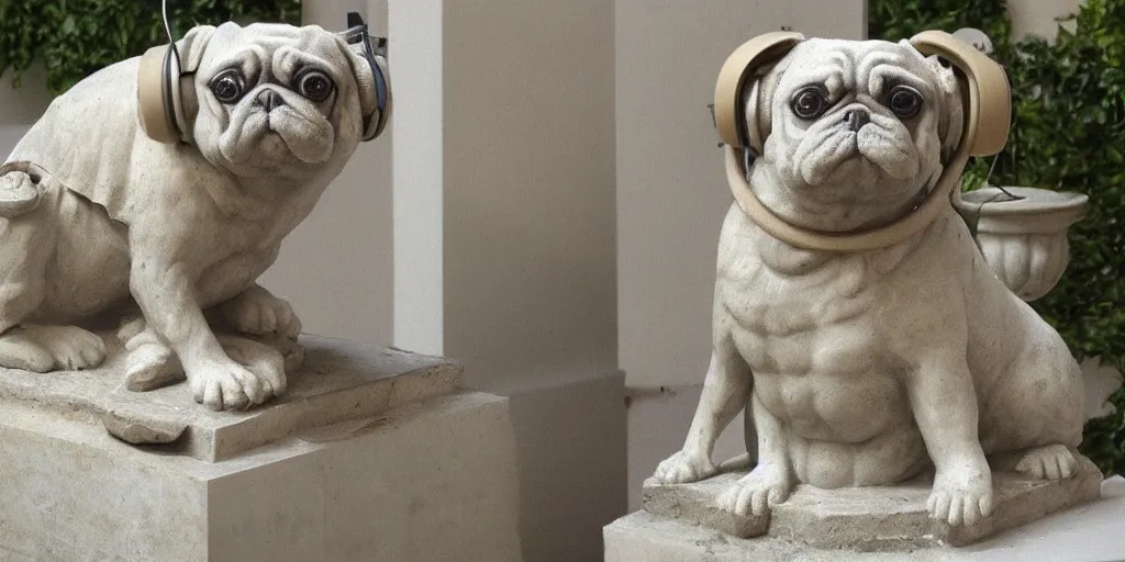 Prompt: roman statue of a pug with headphones